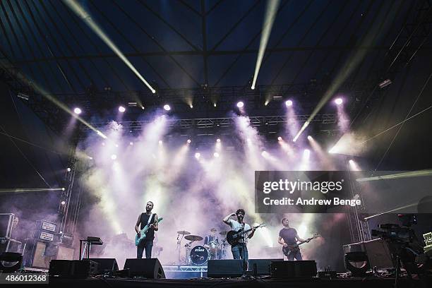 Yannis Philippakis of Foals performs on the NME Radio 1 stage during day 3 of Leeds Festival at Bramham Park on August 30, 2015 in Leeds, England.