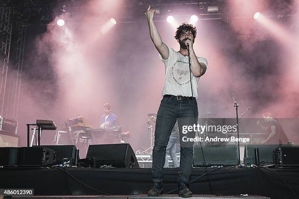 Yannis Philippakis of Foals performs on the NME Radio 1 stage during day 3 of Leeds Festival at Bramham Park on August 30, 2015 in Leeds, England.