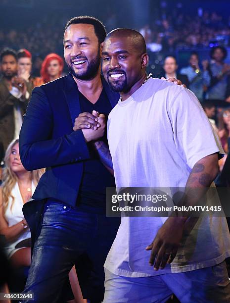 Recording artists John Legend and Kanye West attend the 2015 MTV Video Music Awards at Microsoft Theater on August 30, 2015 in Los Angeles,...