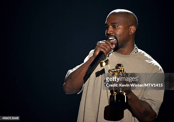 Recording artist Kanye West accepts the Video Vanguard Award onstage during the 2015 MTV Video Music Awards at Microsoft Theater on August 30, 2015...