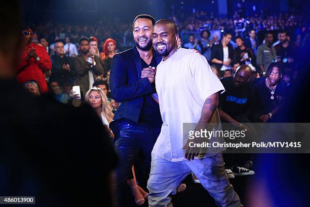 Recording artists John Legend and Kanye West attend the 2015 MTV Video Music Awards at Microsoft Theater on August 30, 2015 in Los Angeles,...