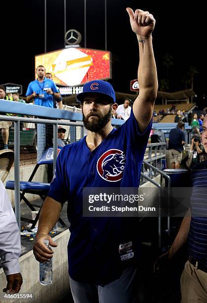 Starting pitcher Jake Arrieta of the Chicago Cubs salutes the crowd after pitching a no hitter against the Los Angeles Dodgers at Dodger Stadium on...