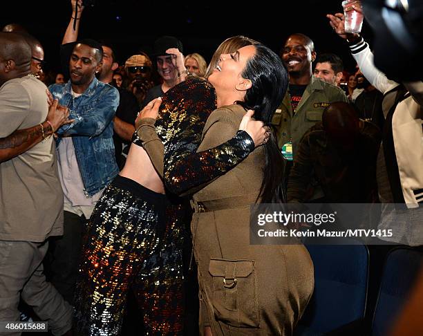 Taylor Swift and Kim Kardashian West attend the 2015 MTV Video Music Awards at Microsoft Theater on August 30, 2015 in Los Angeles, California.