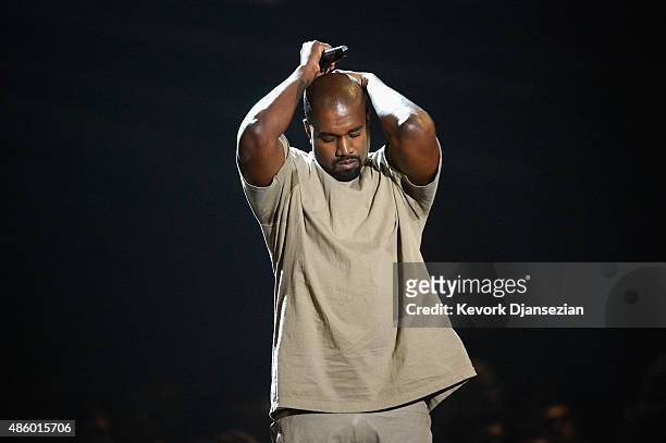Vanguard Award winner Kanye West speaks onstage during the 2015 MTV Video Music Awards at Microsoft Theater on August 30, 2015 in Los Angeles,...