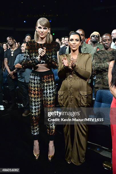 Taylor Swift and Kim Kardashian West attend the 2015 MTV Video Music Awards at Microsoft Theater on August 30, 2015 in Los Angeles, California.