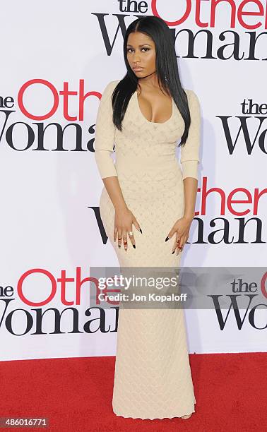 Recording artist Nicki Minaj arrives at the Los Angeles Premiere "The Other Woman" at Regency Village Theatre on April 21, 2014 in Westwood,...