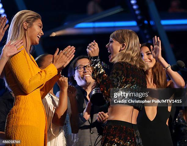 Model Gigi Hadid, actress Serayah, recording artist Taylor Swift, director Joseph Kahn and model Lily Aldridge accept the Video of the Year award for...