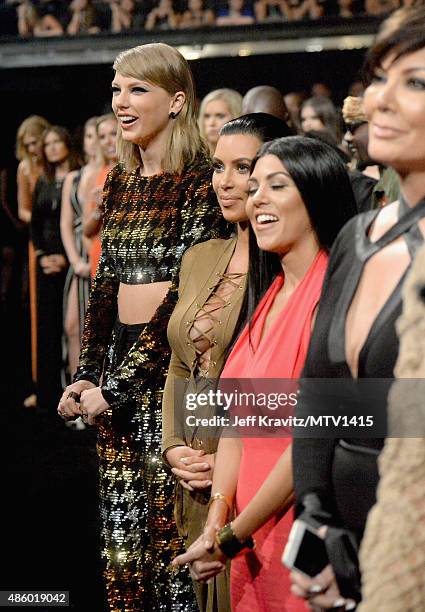 Recording artist Taylor Swift, TV personalities Kim Kardashian, Kourtney Kardashian and Kris Jenner during the 2015 MTV Video Music Awards at...