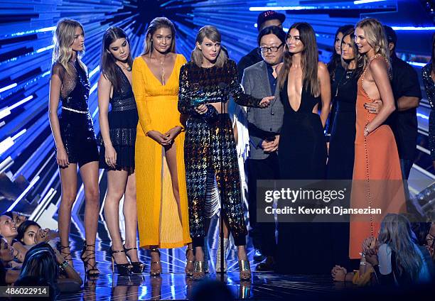 Model Martha Hunt, actress Hailee Steinfeld, model Gigi Hadid, actress Serayah, recording artist Taylor Swift, director Joseph Kahn, model Lily...