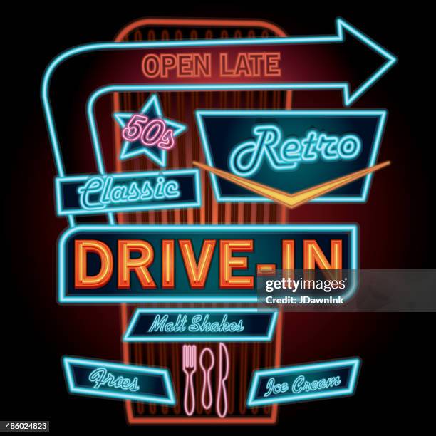 classic drive-in theatre neon sign - the art of being obscured stock illustrations