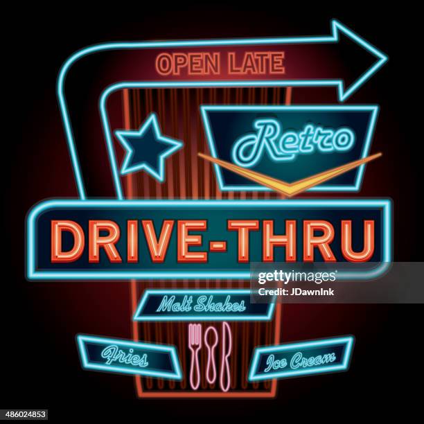 late night retro drive thru restaurant neon sign - neon stock illustrations