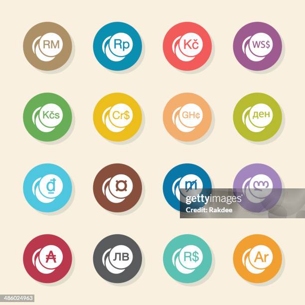 currency symbol icons set 2 - color circle series - malaysian currency stock illustrations