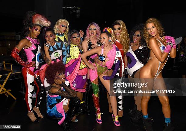 Host Miley Cyrus, styled by Simone Harouche, and dancers attend the 2015 MTV Video Music Awards at Microsoft Theater on August 30, 2015 in Los...