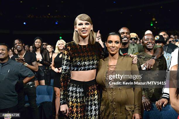 Taylor Swift and Kim Kardashian West attend the 2015 MTV Video Music Awards at Microsoft Theater on August 30, 2015 in Los Angeles, California.