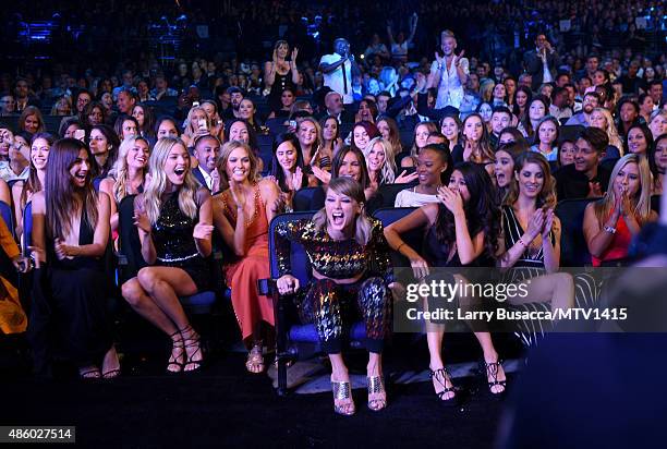Models Lily Aldridge, Martha Hunt, Karlie Kloss, recording artist Taylor Swift, actress Serayah and actress/singer Selena Gomez attend the 2015 MTV...