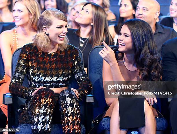 Recording artist Taylor Swift and actress/singer Selena Gomez attend the 2015 MTV Video Music Awards at Microsoft Theater on August 30, 2015 in Los...