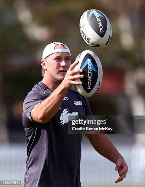 Jason Clark juggles the ball during a South Sydney Rabbitohs NRL training session on April 22, 2014 in Sydney, Australia.