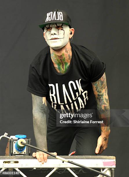 Tony Friend of Modestep performs on Day 3 of The Leeds Festival at Bramham Park on August 30, 2015 in Leeds, England.