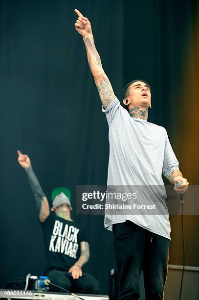 Josh Friend and Tony Friend of Modestep perform on Day 3 of The Leeds Festival at Bramham Park on August 30, 2015 in Leeds, England.