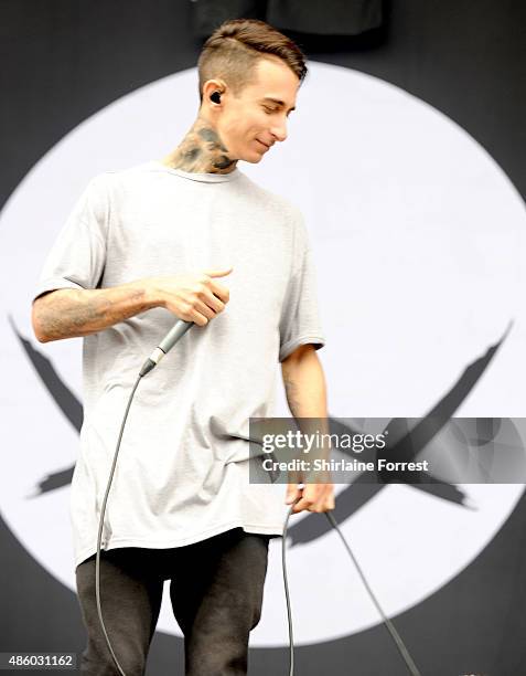 Josh Friend of Modestep performs on Day 3 of The Leeds Festival at Bramham Park on August 30, 2015 in Leeds, England.