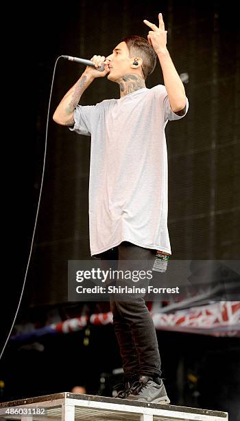 Josh Friend of Modestep performs on Day 3 of The Leeds Festival at Bramham Park on August 30, 2015 in Leeds, England.