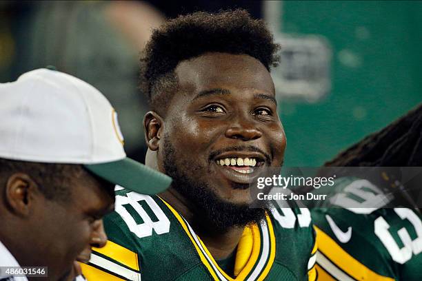 Letroy Guion of the Green Bay Packers on the sidelines during a preseason game against the Philadelphia Eagles at Lambeau Field on August 29, 2015 in...