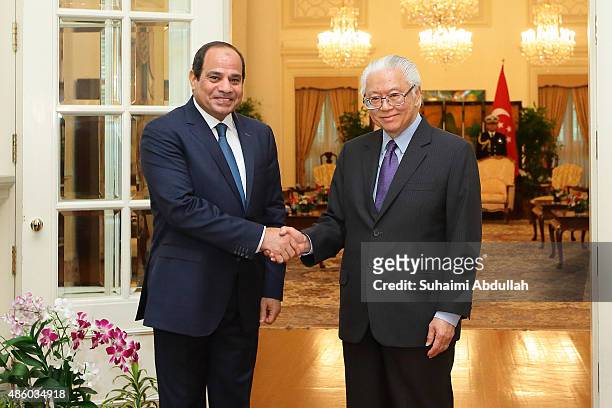 Egyptian President, Abdel Fattah Al-Sisi calls on Singapore President, Tony Tan Keng Yam at the Istana on August 31, 2015 in Singapore. The visit to...