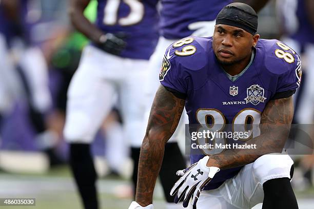 Wide receiver Steve Smith of the Baltimore Ravens looks on prior to the start of a preseason game against the Washington Redskins at M&T Bank Stadium...