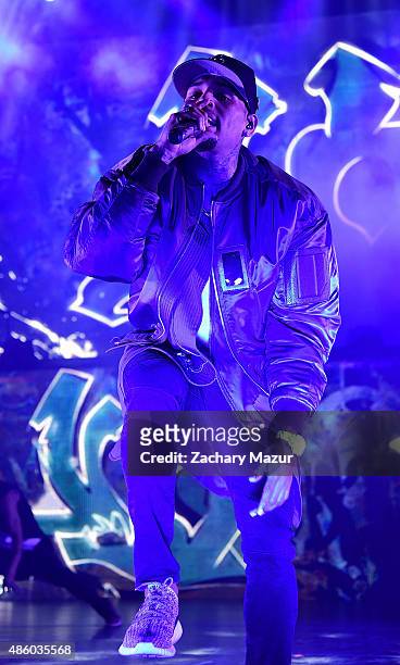 Chris Brown performs at Nikon at Jones Beach Theater on August 30, 2015 in Wantagh, New York.