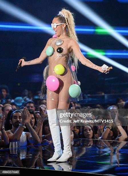 Host Miley Cyrus onstage during the 2015 MTV Video Music Awards at Microsoft Theater on August 30, 2015 in Los Angeles, California.