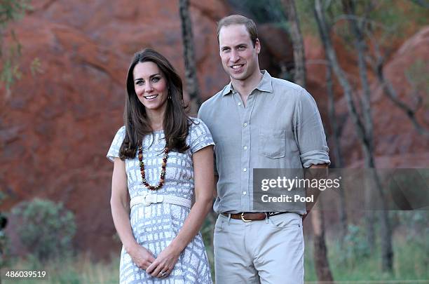Catherine, Duchess of Cambridge and Prince William, Duke of Cambridge pose for a photo on the Kuniya walk at Uluru on April 22, 2014 in Ayers Rock,...