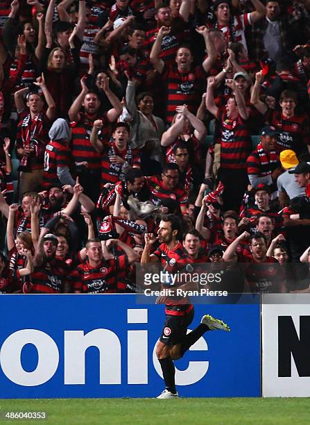 Labinot Haliti of the Wanderers celebrates after scoring his teams second goal during the AFC Asian Champions League match between the Western Sydney...