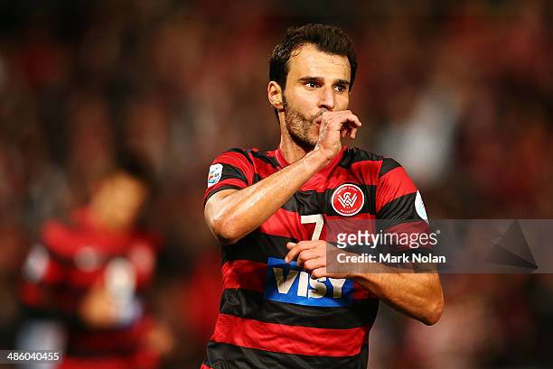 Labinot Haliti of the Wanderers celebrates scoring a goal during the AFC Asian Champions League match between the Western Sydney Wanderers and...