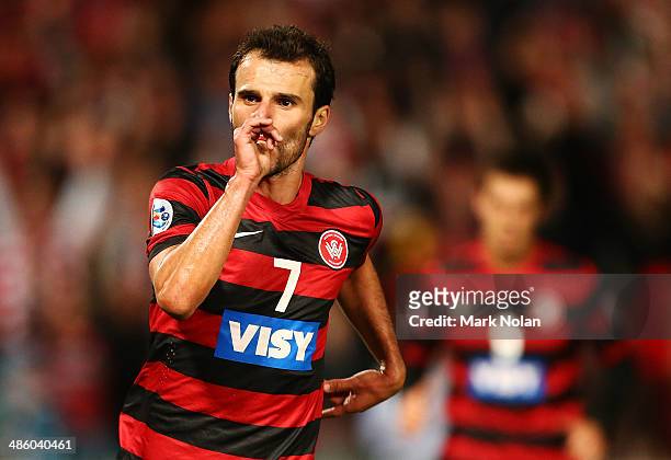 Labinot Haliti of the Wanderers celebrates scoring a goal during the AFC Asian Champions League match between the Western Sydney Wanderers and...