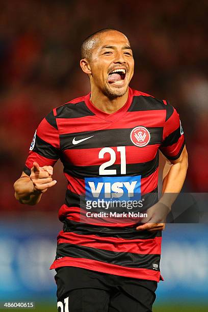 Shinji Ono of the Wanderers celebrates scoring a goal during the AFC Asian Champions League match between the Western Sydney Wanderers and Guizhou...