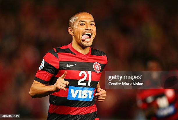 Shinji Ono of the Wanderers celebrates scoring a goal during the AFC Asian Champions League match between the Western Sydney Wanderers and Guizhou...