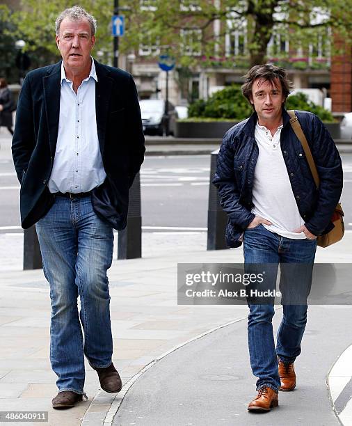 Jeremy Clarkson and Richard Hammond sighted arriving at the BBC Studios, Portland Place on April 22, 2014 in London, England.