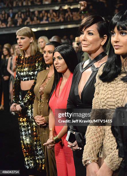 Recording artist Taylor Swift, TV personalities Kim Kardashian, Kourtney Kardashian and Kris Jenner during the 2015 MTV Video Music Awards at...