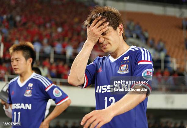 Kobayashi Yuzo of Yokohama F. Marinos reacts after losing the AFC Asian Champions League match between Guangzhou Evergrande and Yokohama F. Marinos...