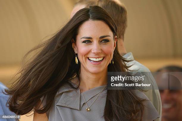 Catherine, Duchess of Cambridge smiles as she arives at the National Indigenous Training Academy on April 22, 2014 in Ayers Rock, Australia. The Duke...