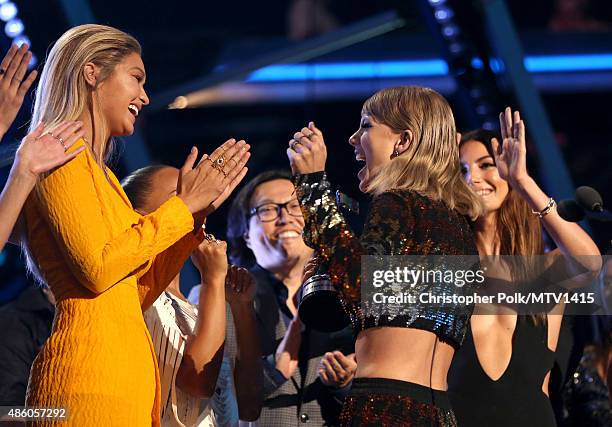Model Gigi Hadid and recording artist Taylor Swift celebrate during the 2015 MTV Video Music Awards at Microsoft Theater on August 30, 2015 in Los...