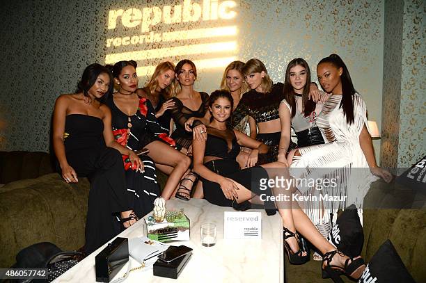Martha Hunt, Lily Aldridge, Selena Gomez, Taylor Swift, Hailee Steinfeld and Serayah McNeill attend the Republic Records VMA after party at Ysabel on...
