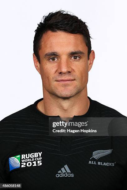 Daniel Carter poses during the New Zealand All Blacks World Cup headshots and portrait session on August 31, 2015 in Wellington, New Zealand.