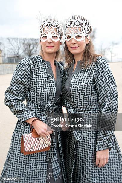 Designers at Edition Poshette Simone and Helen Bendix wears Custom-made dresses and Edition Pochette bags on day 5 of Paris Collections: Women on...