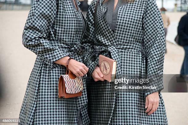 Designers at Edition Poshette Simone and Helen Bendix wears Custom-made dresses and Edition Pochette bags on day 5 of Paris Collections: Women on...