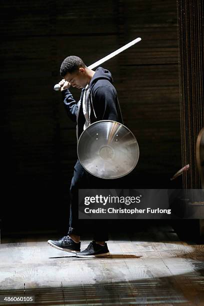 Actor Elliot Barnes-Worrell, who plays Prince John, rehearses a fight scene before the start of the matinee performance of Henry IV Part 1 on April...