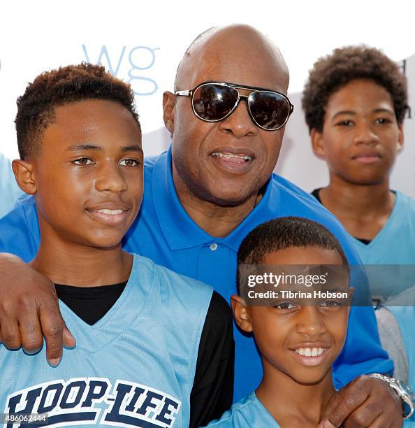 Stevie Wonder and his sons Kailand Morris and Mandla Morris attend the 3rd annual Hoop-Life FriendRaiser at Galen Center on August 30, 2015 in Los...