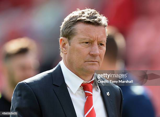 Danny Wilson, Manager of Barnsley during the Sky Bet Championship match between Barnsley and Leeds United at Oakwell on April 19, 2014 in Barnsley,...