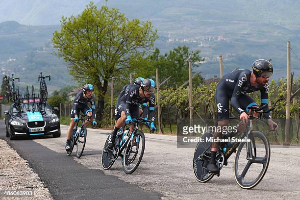 Sir Bradley Wiggins of Team Sky leads his squad during the 13.4km team time trial from Riva del Garda to Arco on stage one of the Giro del Trentino...