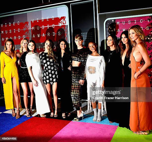 Models Gigi Hadid, Martha Hunt, actress Hailee Steinfeld, model Cara Delevingne, actress Selena Gomez, musician Taylor Swift, model Serayah, actress...